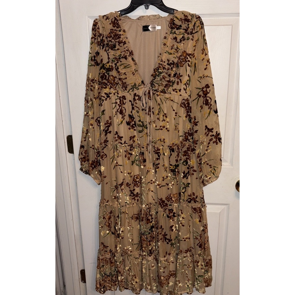 Beige Floral Sequin Tiered V-Neck Dress